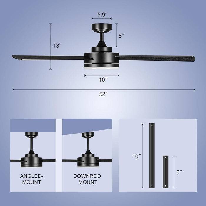 52 in. Black Outdoor Ceiling Fans with Light and Remote, Modern Indoor Outdoor Ceiling Fans, Reversible Quiet Ceiling Fans -8-ErisView