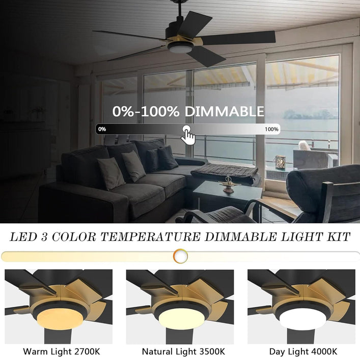 52 in. Black Outdoor Fan, Gold Smart Wi-Fi LED Ceiling Fan with Remote, Compatible with Alexa Google Assistant Siri Shortcut APP Control -3-ErisView
