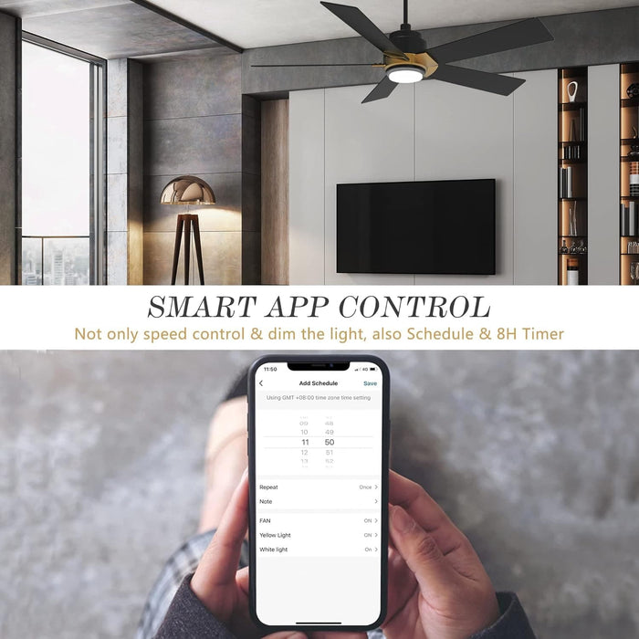 52 in. Black Outdoor Fan, Gold Smart Wi-Fi LED Ceiling Fan with Remote, Compatible with Alexa Google Assistant Siri Shortcut APP Control -5-ErisView