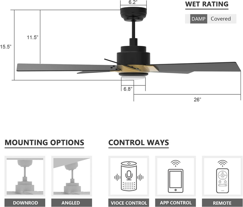 52 in. Black Outdoor Fan, Gold Smart Wi-Fi LED Ceiling Fan with Remote, Compatible with Alexa Google Assistant Siri Shortcut APP Control -7-ErisView