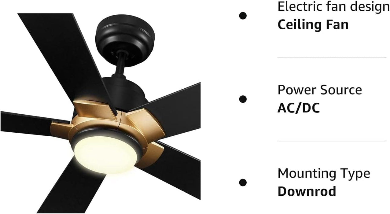 52 in. Black Outdoor Fan, Gold Smart Wi-Fi LED Ceiling Fan with Remote, Compatible with Alexa Google Assistant Siri Shortcut APP Control -8-ErisView