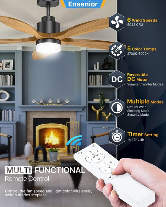52 in. Black Remote Control Ceiling Fan and Light, Wood Reversible DC Ceiling Fan for Bedroom Living Room -16-ErisView