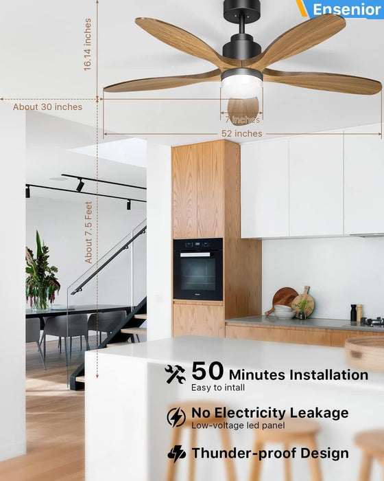 52 in. Black Remote Control Ceiling Fan and Light, Wood Reversible DC Ceiling Fan for Bedroom Living Room -20-ErisView