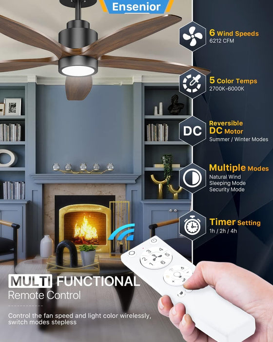 52 in. Black Remote Control Ceiling Fan and Light, Wood Reversible DC Ceiling Fan for Bedroom Living Room -2-ErisView