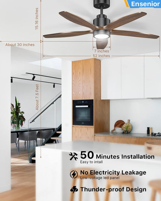 52 in. Black Remote Control Ceiling Fan and Light, Wood Reversible DC Ceiling Fan for Bedroom Living Room -7-ErisView