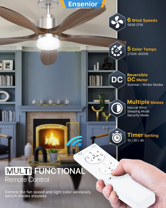 52 in. Black Remote Control Ceiling Fan and Light, Wood Reversible DC Ceiling Fan for Bedroom Living Room -9-ErisView