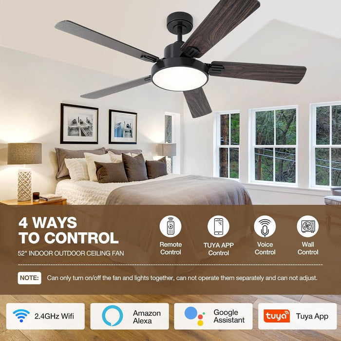 52 in. Black Walnut Smart Ceiling Fan with Lights Remote Alexa, Voice and APP Control, Reversible Quiet Ceiling Fans, 5 Plywood Blade Ceiling Fan-2-ErisView