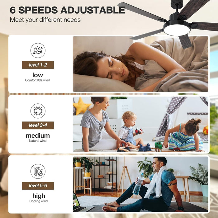 52 in. Black Walnut Smart Ceiling Fan with Lights Remote Alexa, Voice and APP Control, Reversible Quiet Ceiling Fans, 5 Plywood Blade Ceiling Fan-3-ErisView