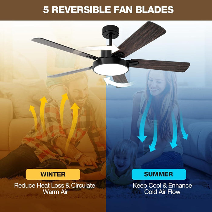52 in. Black Walnut Smart Ceiling Fan with Lights Remote Alexa, Voice and APP Control, Reversible Quiet Ceiling Fans, 5 Plywood Blade Ceiling Fan-6-ErisView
