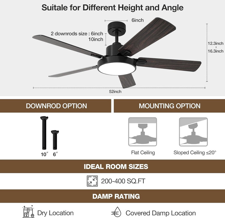 52 in. Black Walnut Smart Ceiling Fan with Lights Remote Alexa, Voice and APP Control, Reversible Quiet Ceiling Fans, 5 Plywood Blade Ceiling Fan-7-ErisView