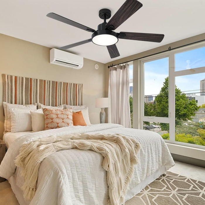 52 in. Black Walnut Smart Ceiling Fan with Lights Remote Alexa, Voice and APP Control, Reversible Quiet Ceiling Fans, 5 Plywood Blade Ceiling Fan-8-ErisView