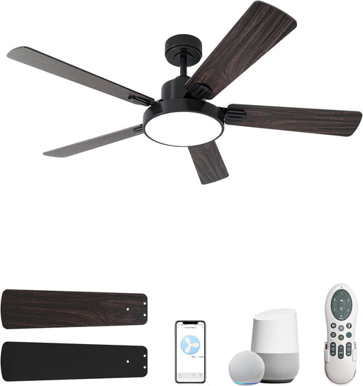 52 in. Black Walnut Smart Ceiling Fan with Lights Remote Alexa, Voice and APP Control, Reversible Quiet Ceiling Fans, 5 Plywood Blade Ceiling Fan-1-ErisView