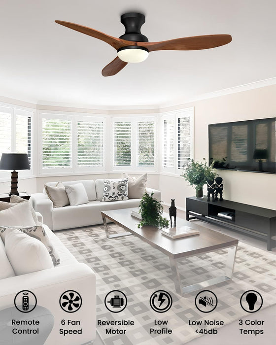 52 in. Black Walnut Wood Ceiling Fan with Light and Remote, Flush Mount 3 Blades Ceiling Fan for Kitchen Bedroom Living Room-2-ErisView