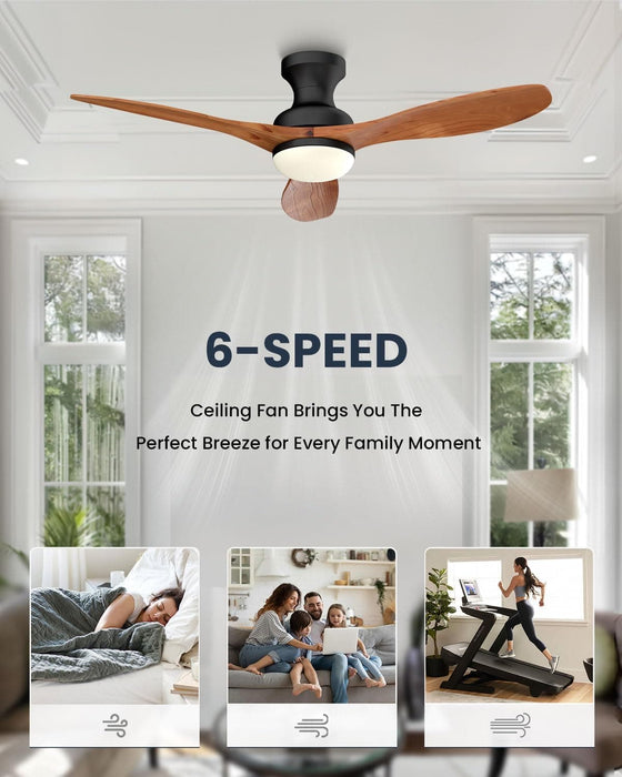 52 in. Black Walnut Wood Ceiling Fan with Light and Remote, Flush Mount 3 Blades Ceiling Fan for Kitchen Bedroom Living Room-3-ErisView