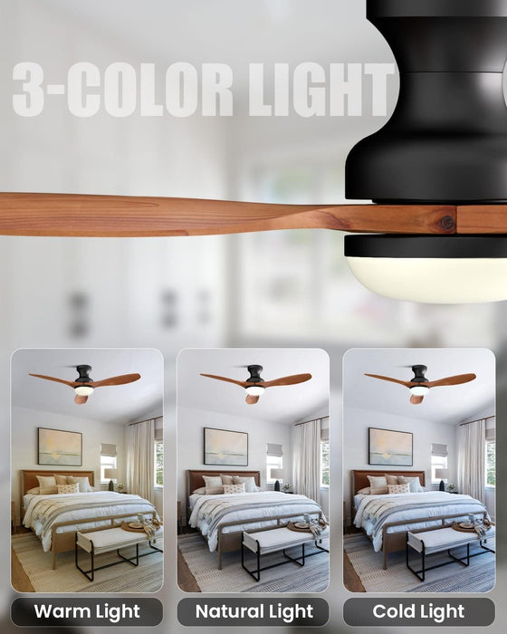 52 in. Black Walnut Wood Ceiling Fan with Light and Remote, Flush Mount 3 Blades Ceiling Fan for Kitchen Bedroom Living Room-4-ErisView