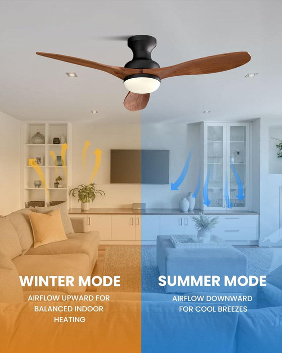52 in. Black Walnut Wood Ceiling Fan with Light and Remote, Flush Mount 3 Blades Ceiling Fan for Kitchen Bedroom Living Room-5-ErisView