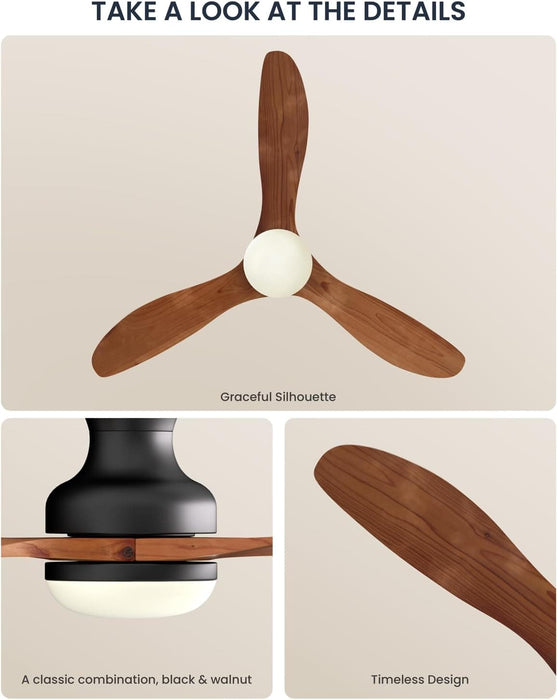 52 in. Black Walnut Wood Ceiling Fan with Light and Remote, Flush Mount 3 Blades Ceiling Fan for Kitchen Bedroom Living Room-6-ErisView