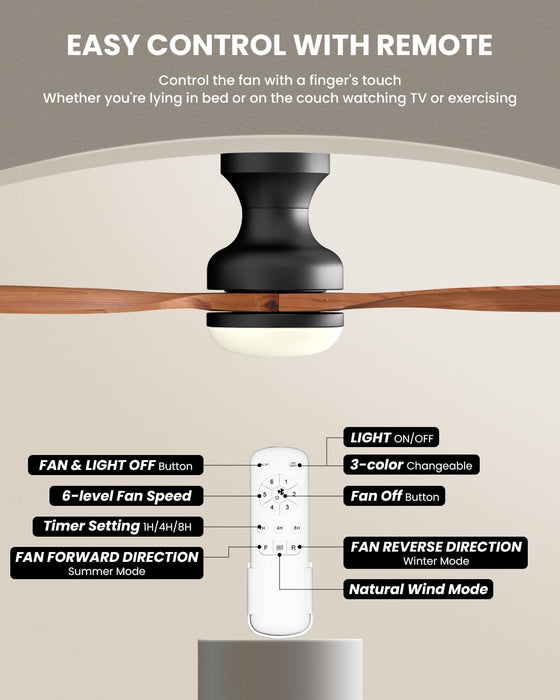 52 in. Black Walnut Wood Ceiling Fan with Light and Remote, Flush Mount 3 Blades Ceiling Fan for Kitchen Bedroom Living Room-7-ErisView