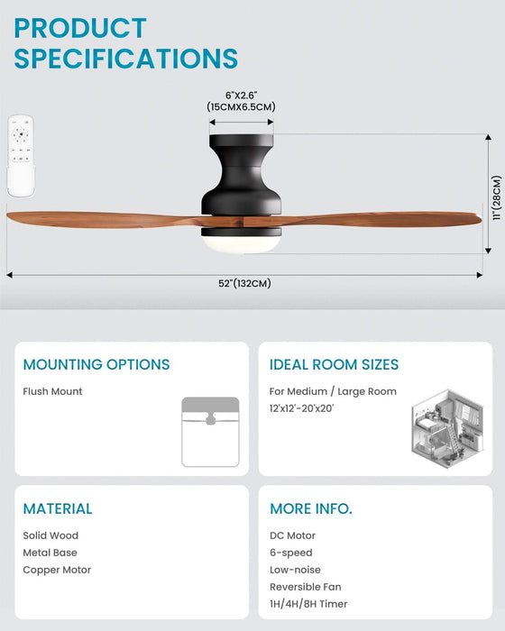 52 in. Black Walnut Wood Ceiling Fan with Light and Remote, Flush Mount 3 Blades Ceiling Fan for Kitchen Bedroom Living Room-9-ErisView