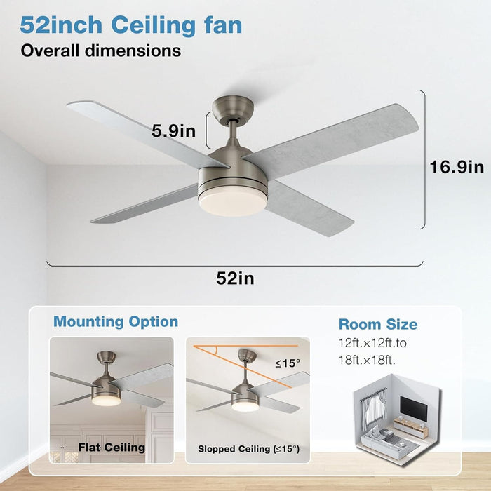 52 in. Brushed Ceiling Fan, Ceiling Fan with LED Light and Remote Control-6-ErisView