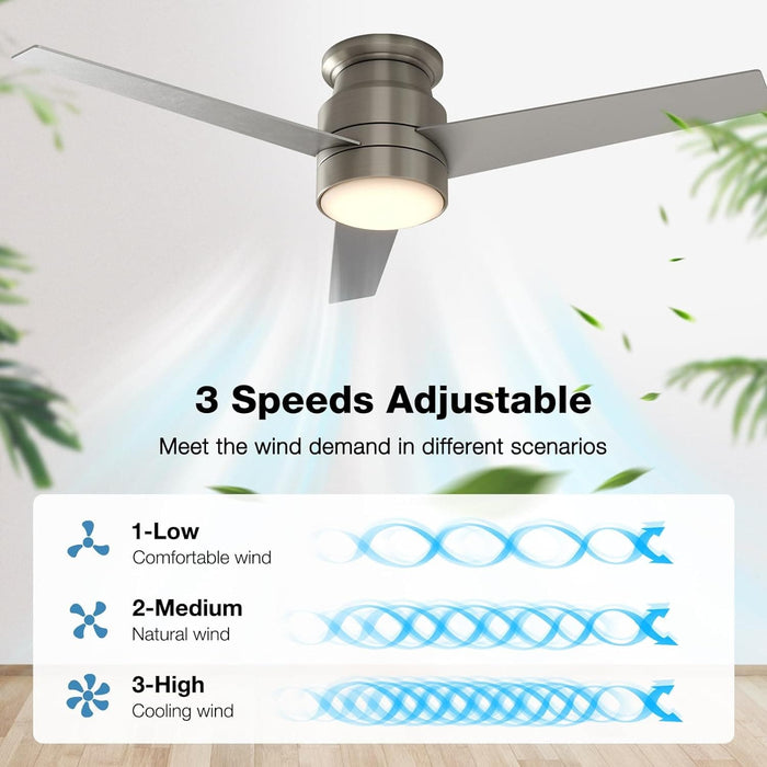 52 in. Brushed Nickel Ceiling Fan, Flush Mount Ceiling Fan with Light Remote Control, 3 Blade Ceiling Fan-2-ErisView