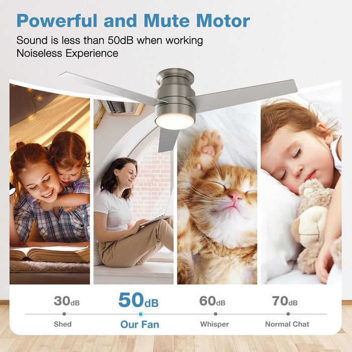 52 in. Brushed Nickel Ceiling Fan, Flush Mount Ceiling Fan with Light Remote Control, 3 Blade Ceiling Fan-5-ErisView