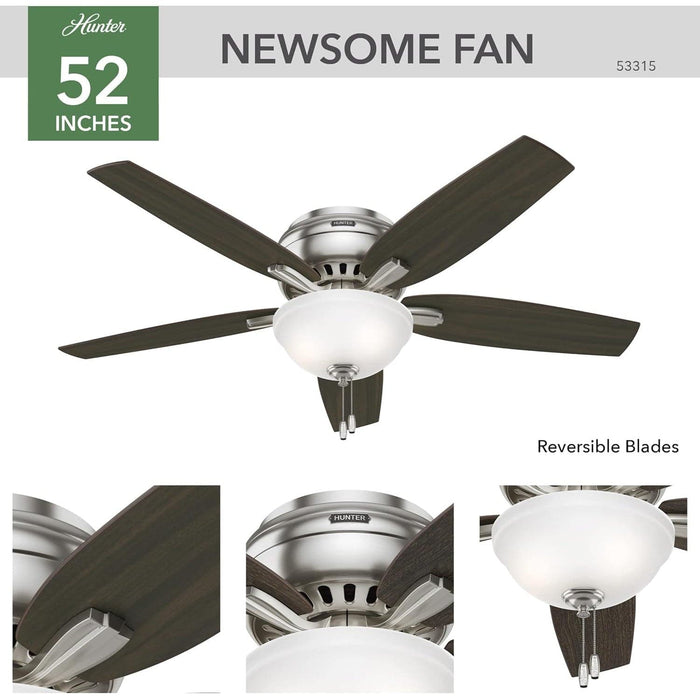 52 in. Brushed Nickel Ceiling Fan, Low Ceiling Fan with LED Light Kit and Pull Chain, Hugger Ceiling Fans-2-ErisView