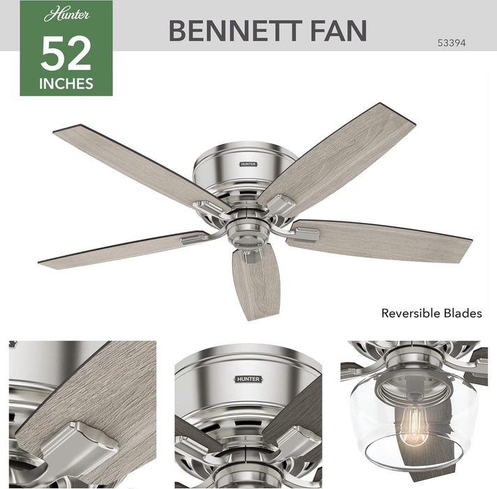 52 in. Brushed Nickel Ceiling Fan, Low Profile Ceiling Fan with LED Light Kit and Remote Control, Hugger Ceiling Fans-2-ErisView