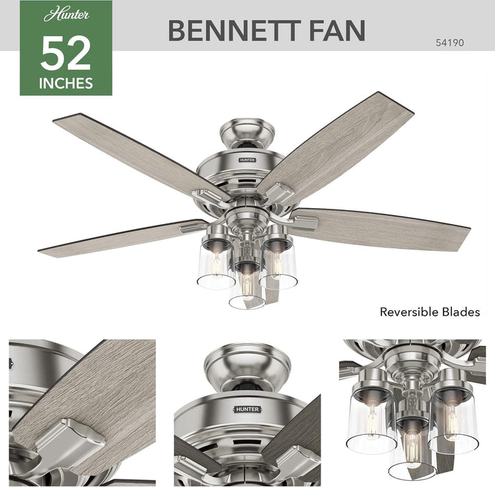 52 in. Brushed Nickel Ceiling Fan with LED Light Kit and Handheld Remote, Ceiling Hugger Ceiling Fan with Light-2-ErisView
