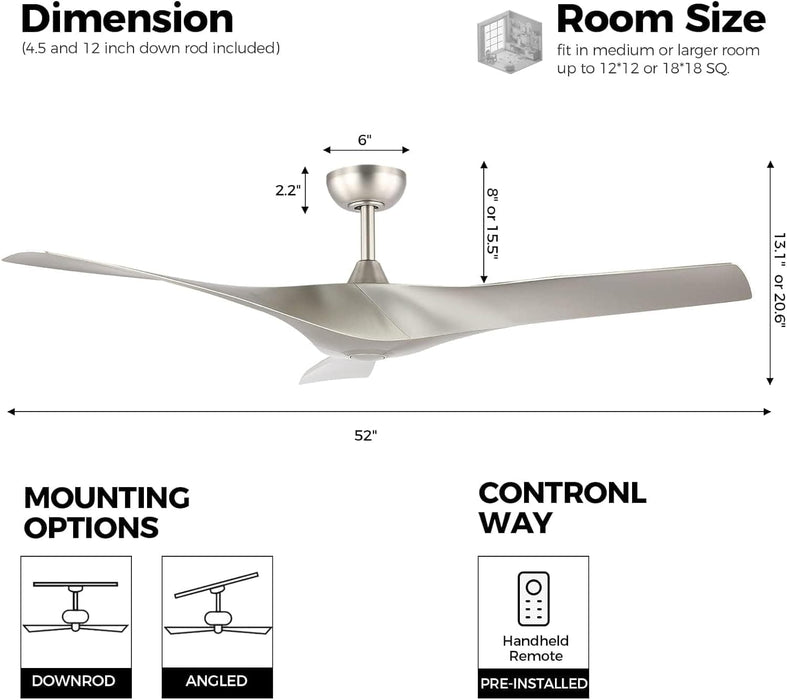 52 in. Brushed Nickel Ceiling Fan with Remote, Modern Reversible Quiet Ceiling Fan for Kitchen Bedroom Living Room-3-ErisView