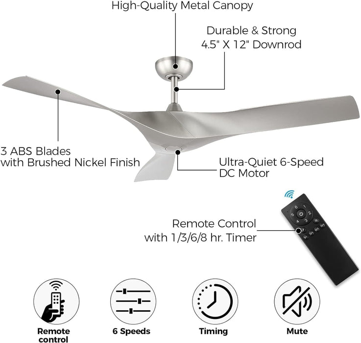 52 in. Brushed Nickel Ceiling Fan with Remote, Modern Reversible Quiet Ceiling Fan for Kitchen Bedroom Living Room-5-ErisView