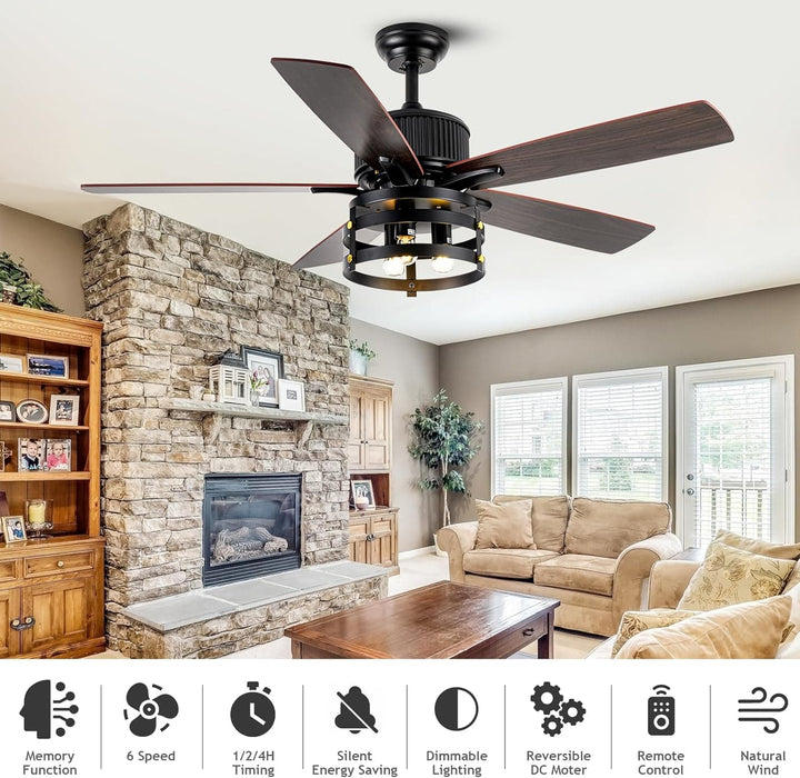 52 in. Caged Rustic Farmhouse Industrial Ceiling Fan with Light and Remote, Outdoor Ceiling Fans for Patio, Reversible Ceiling Fan Light Fixture-3-ErisView