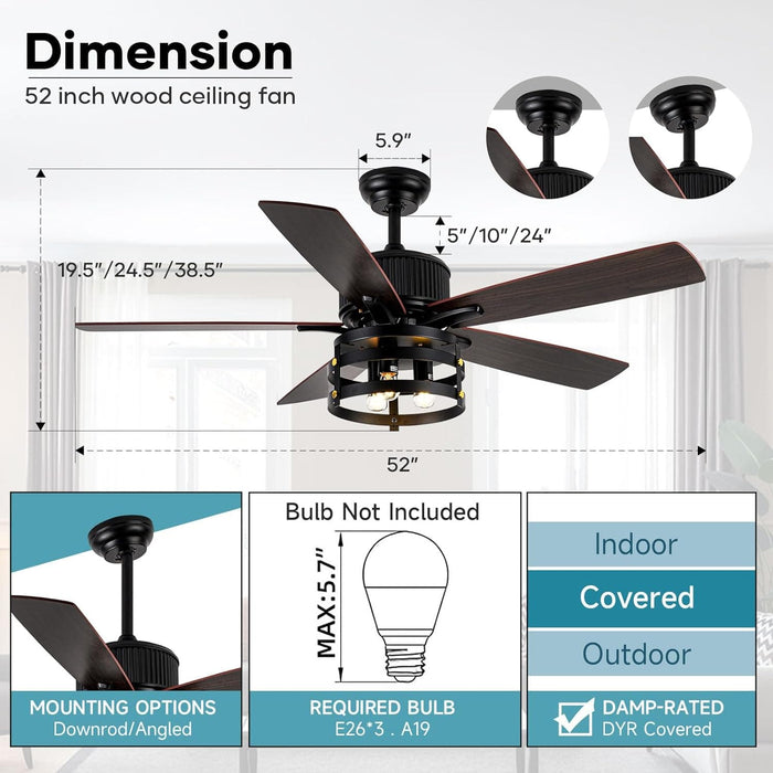 52 in. Caged Rustic Farmhouse Industrial Ceiling Fan with Light and Remote, Outdoor Ceiling Fans for Patio, Reversible Ceiling Fan Light Fixture-4-ErisView