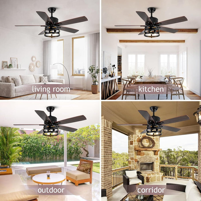 52 in. Caged Rustic Farmhouse Industrial Ceiling Fan with Light and Remote, Outdoor Ceiling Fans for Patio, Reversible Ceiling Fan Light Fixture-5-ErisView