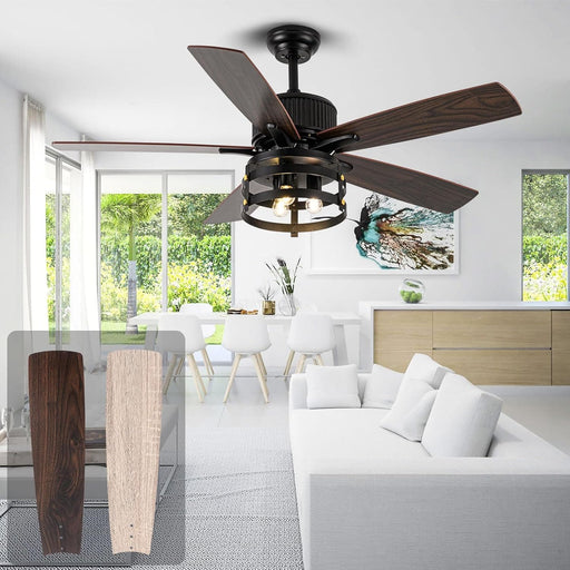 52 in. Caged Rustic Farmhouse Industrial Ceiling Fan with Light and Remote, Outdoor Ceiling Fans for Patio, Reversible Ceiling Fan Light Fixture-1-ErisView