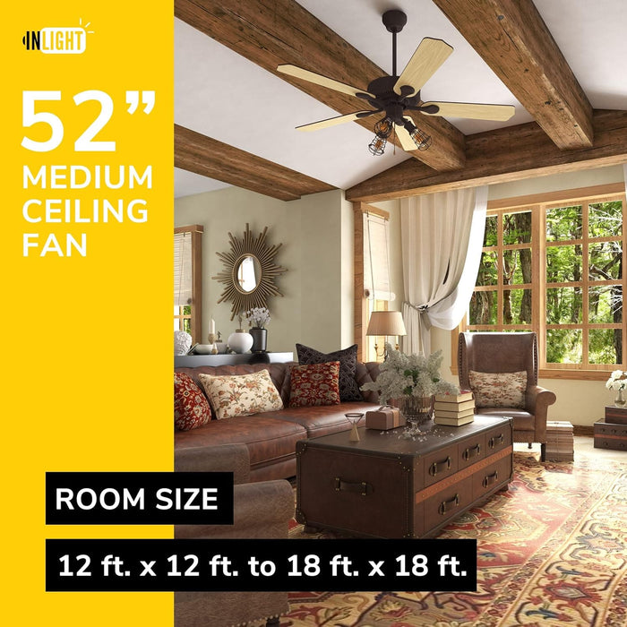 52 in. Caged Rustic Industrial Ceiling Fans with Pull Chains and Light Kit, Oil Rubbed Bronze Reversible Ceiling Fan Winter Summer, Oak Ceiling Fan-4-ErisView