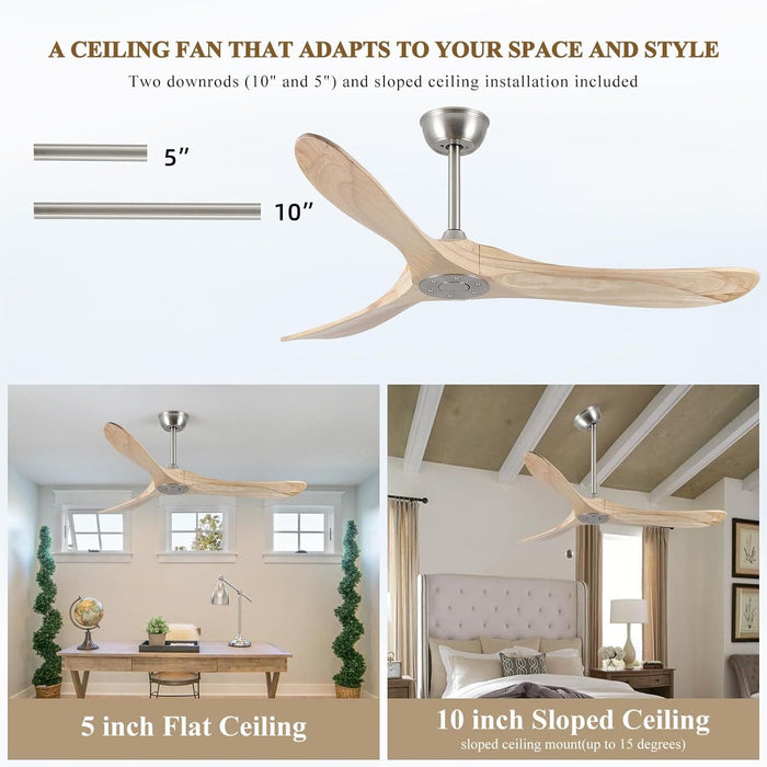 52 in. Ceiling Fan NO Light, 3 Blade Ceiling Fan, Silent Reversible Ceiling Fan for Living Room Bedroom Porch Patio, Nature Wood Ceiling Fan-2-ErisView