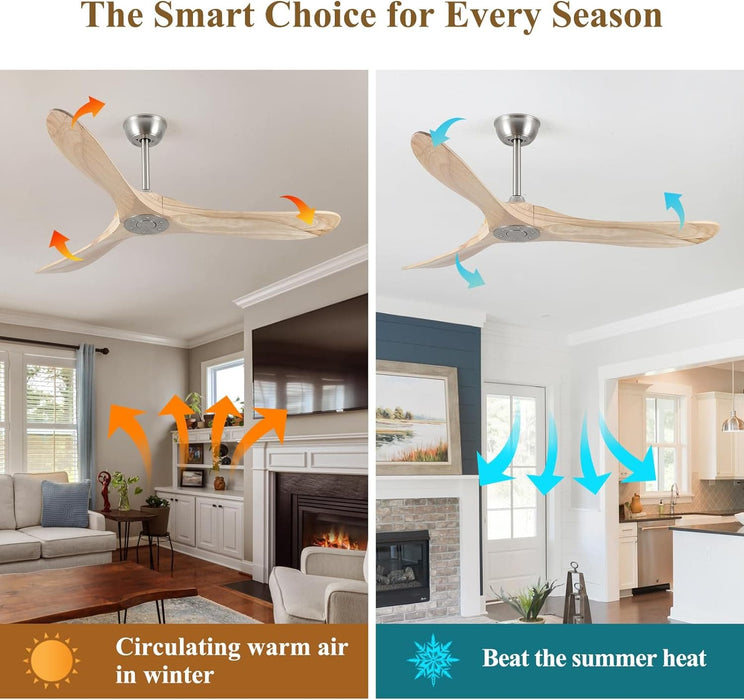 52 in. Ceiling Fan NO Light, 3 Blade Ceiling Fan, Silent Reversible Ceiling Fan for Living Room Bedroom Porch Patio, Nature Wood Ceiling Fan-3-ErisView