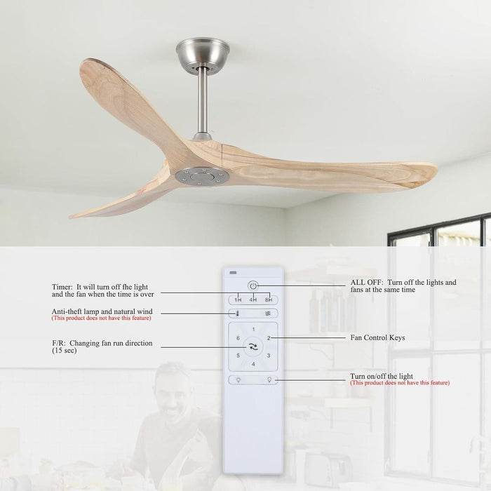 52 in. Ceiling Fan NO Light, 3 Blade Ceiling Fan, Silent Reversible Ceiling Fan for Living Room Bedroom Porch Patio, Nature Wood Ceiling Fan-5-ErisView