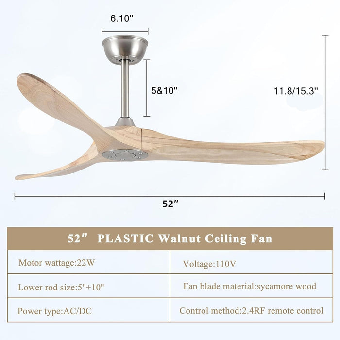 52 in. Ceiling Fan NO Light, 3 Blade Ceiling Fan, Silent Reversible Ceiling Fan for Living Room Bedroom Porch Patio, Nature Wood Ceiling Fan-6-ErisView