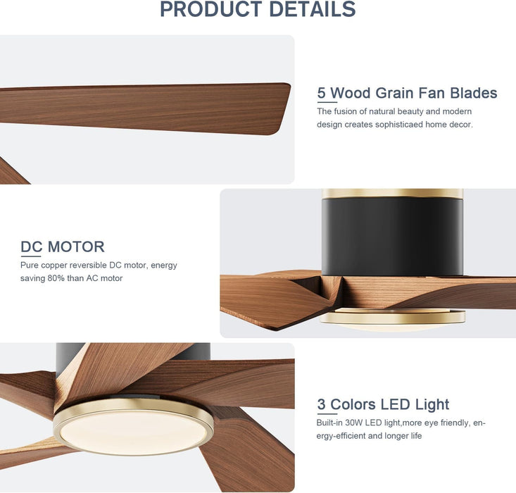 52 in. Ceiling Fan, Outdoor Ceiling Fan with Light, Modern Ceiling Fan with Remote, 5 Walnut Blade Indoor Outdoor Ceiling Fans for Living Room, Bedroom -5-ErisView