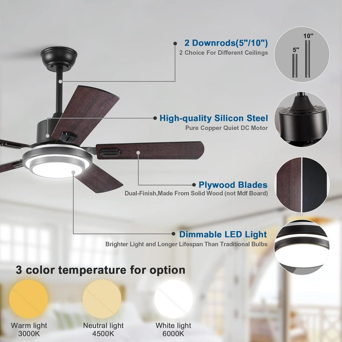 52 in. Ceiling Fan, Outdoor Ceiling Fan with Light and Remote, LED Modern Outdoor Silver Ceiling Fan, Indoor Wood Ceiling Fan with Bright Light-12-ErisView