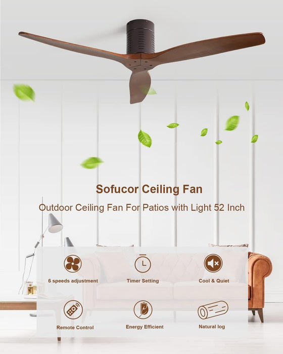 52 in. Ceiling Fan, Outdoor Ceiling Fan with Light and Remote, Outdoor Ceiling Fan with Light, Dimmable Quiet Ceiling Fans, Reversible Wood Blades-39-ErisView