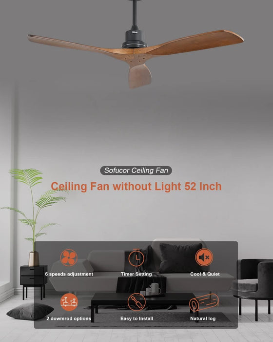 52 in. Ceiling Fan, Outdoor Ceiling Fan with Light and Remote, Outdoor Ceiling Fan with Light, Dimmable Quiet Ceiling Fans, Reversible Wood Blades-55-ErisView