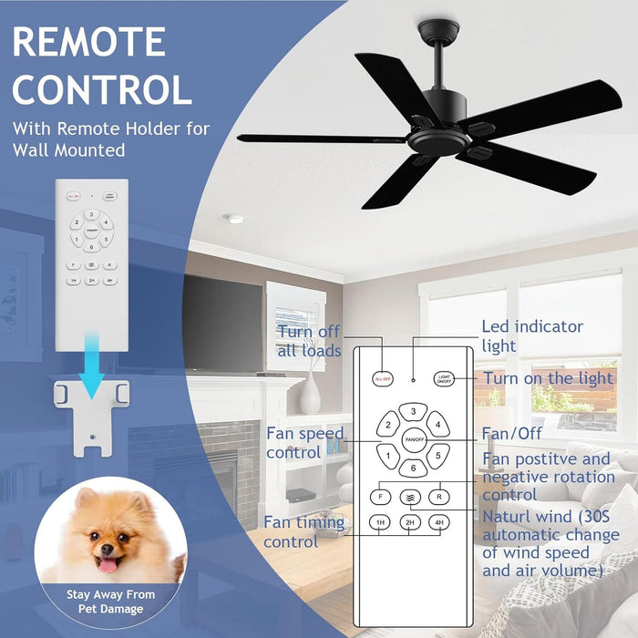 52 in. Ceiling Fan for Bedroom Living Room, Black Ceiling Fan with Remote, Outdoor Ceiling Fan with Light for Patio, High End Ceiling Fans -3-ErisView
