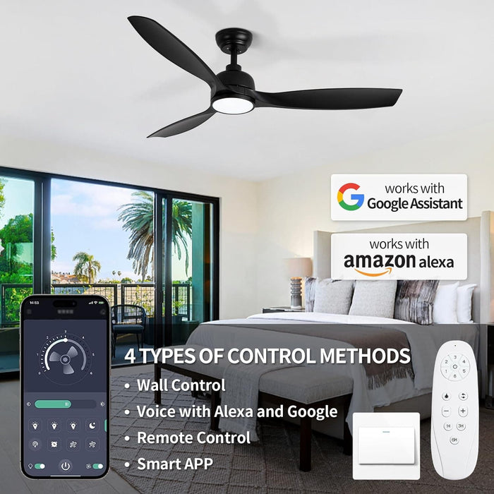 52 in. Ceiling Fan with Light, Black Modern Ceiling Fan with Remote APP Control, Dimmable Low Profile Ceiling Fan Light for Indoor Outdoor Use-3-ErisView