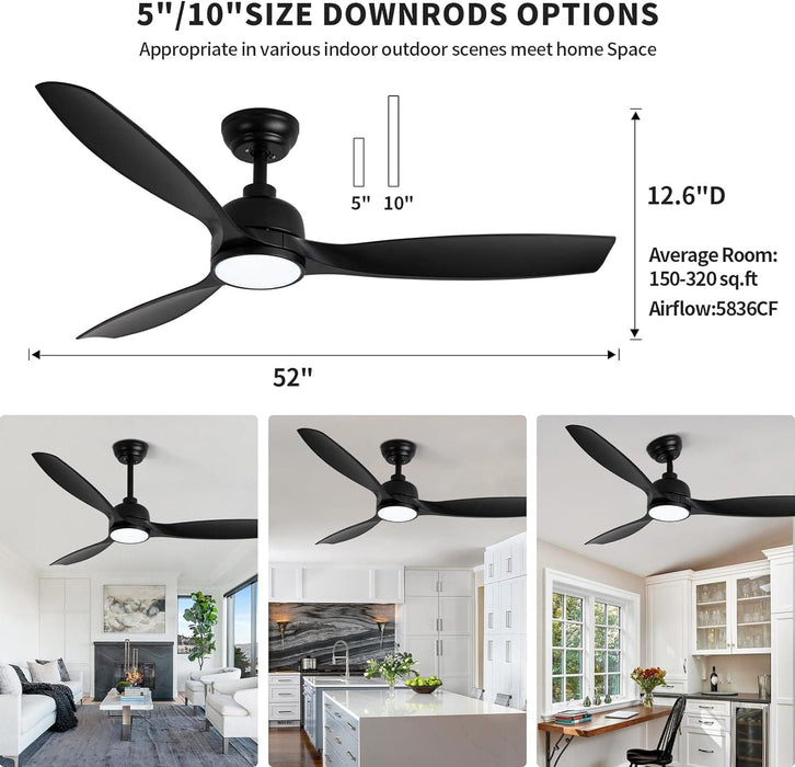 52 in. Ceiling Fan with Light, Black Modern Ceiling Fan with Remote APP Control, Dimmable Low Profile Ceiling Fan Light for Indoor Outdoor Use-5-ErisView
