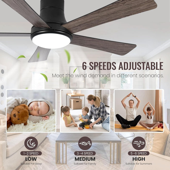 52 in. Ceiling Fan with Light, Flush Mount Ceiling Fan, 5 Blade Reversible Ceiling Fan Summer Winter, Black Ceiling Fan with Remote, Bedroom Ceiling Fans-6-ErisView