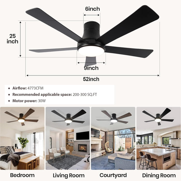 52 in. Ceiling Fan with Light, Flush Mount Ceiling Fan, 5 Blade Reversible Ceiling Fan Summer Winter, Black Ceiling Fan with Remote, Bedroom Ceiling Fans-7-ErisView