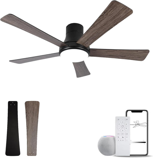 52 in. Ceiling Fan with Light, Flush Mount Ceiling Fan, 5 Blade Reversible Ceiling Fan Summer Winter, Black Ceiling Fan with Remote, Bedroom Ceiling Fans-1-ErisView